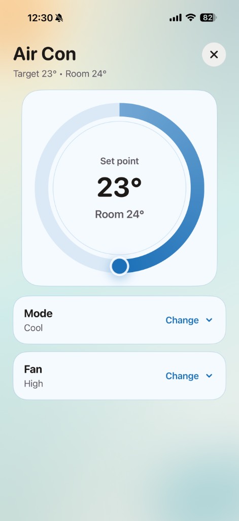 Livigy OS climate detail with set point dial, mode and fan controls