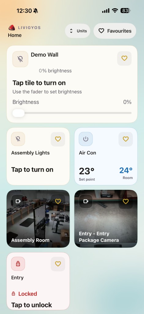 Livigy OS home screen showing lights, climate, cameras and door lock