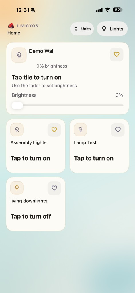 Livigy OS lights controls on a phone